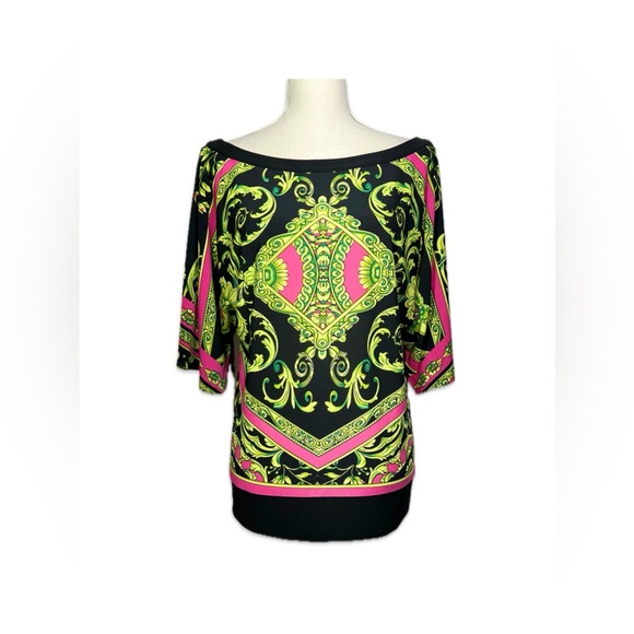 Joseph Ribkoff Tops - Joseph Ribkoff Baroque Blouse Size 8 Black Pink Green Boat Neck Statement Top